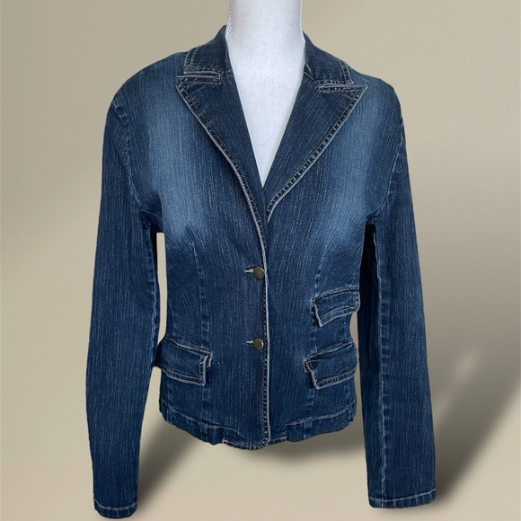 Casual Corner Denim Blazer Jean Jacket Dark Blue Stretch Notch Lapel Size 8 - Picture 1 of 11
